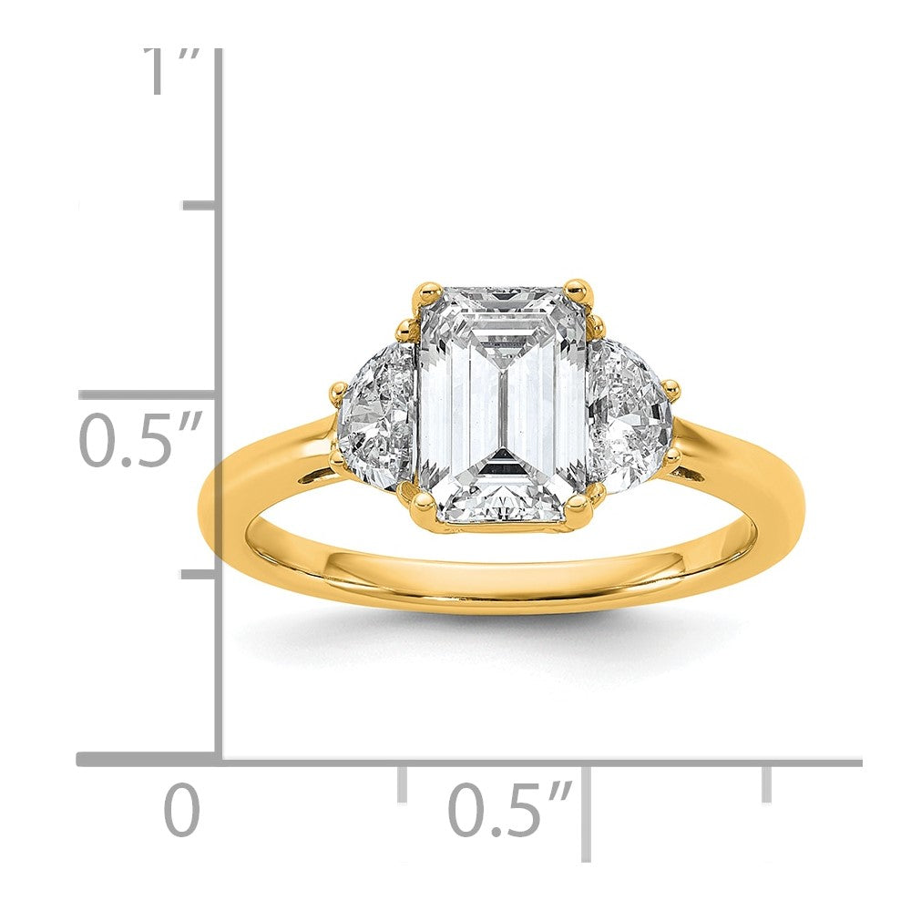 14K Yellow Gold 2 carat Certified Lab Grown Diamond VS+ F+ Complete Emerald and Half Moon Three Stone Engagement Ring