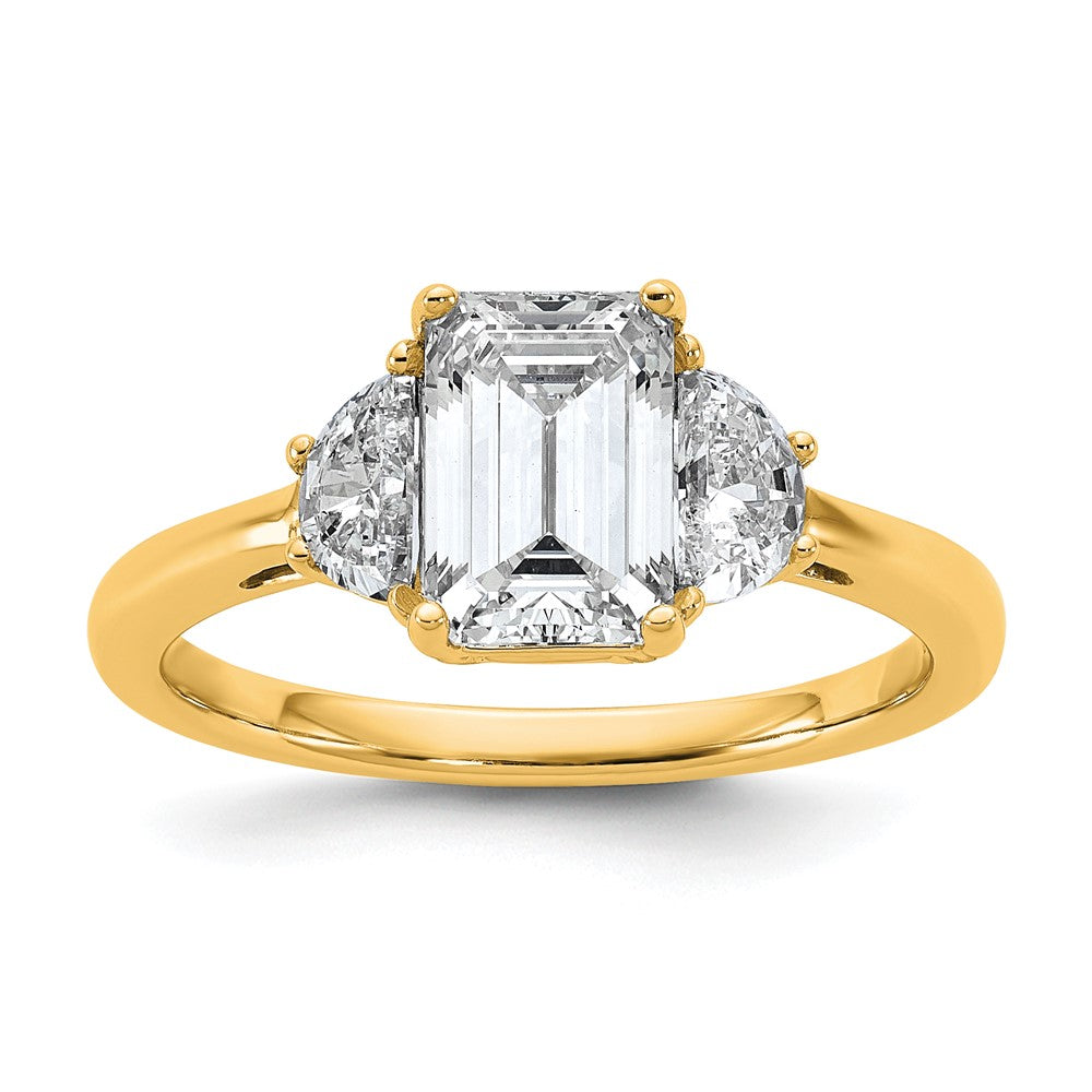 14K Yellow Gold 2 carat Certified Lab Grown Diamond VS/SI+ G+ Complete Emerald and Half Moon Three Stone Engagement Ring