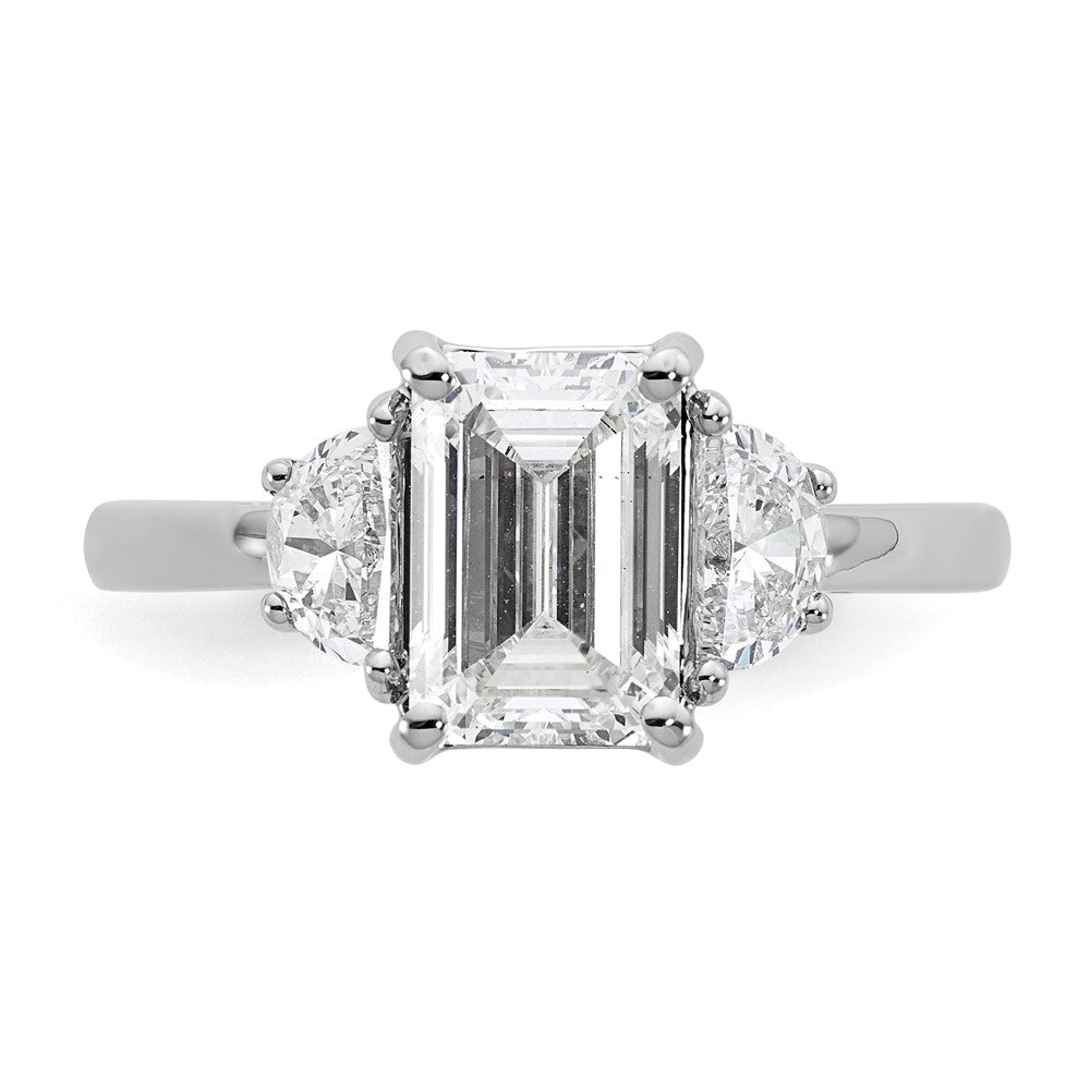 14K White Gold 2 1/2 carat Certified Lab Grown Diamond VS+ F+ Complete Emerald and Half Moon Three Stone Engagement Ring