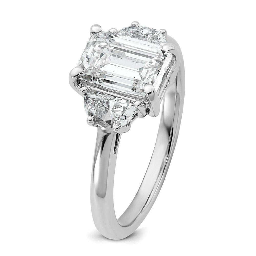 14K White Gold 1/2 carat Lab Grown Diamond VS/SI+ G+ Semi Mount Emerald and Half Moon Three Stone Engagement Ring