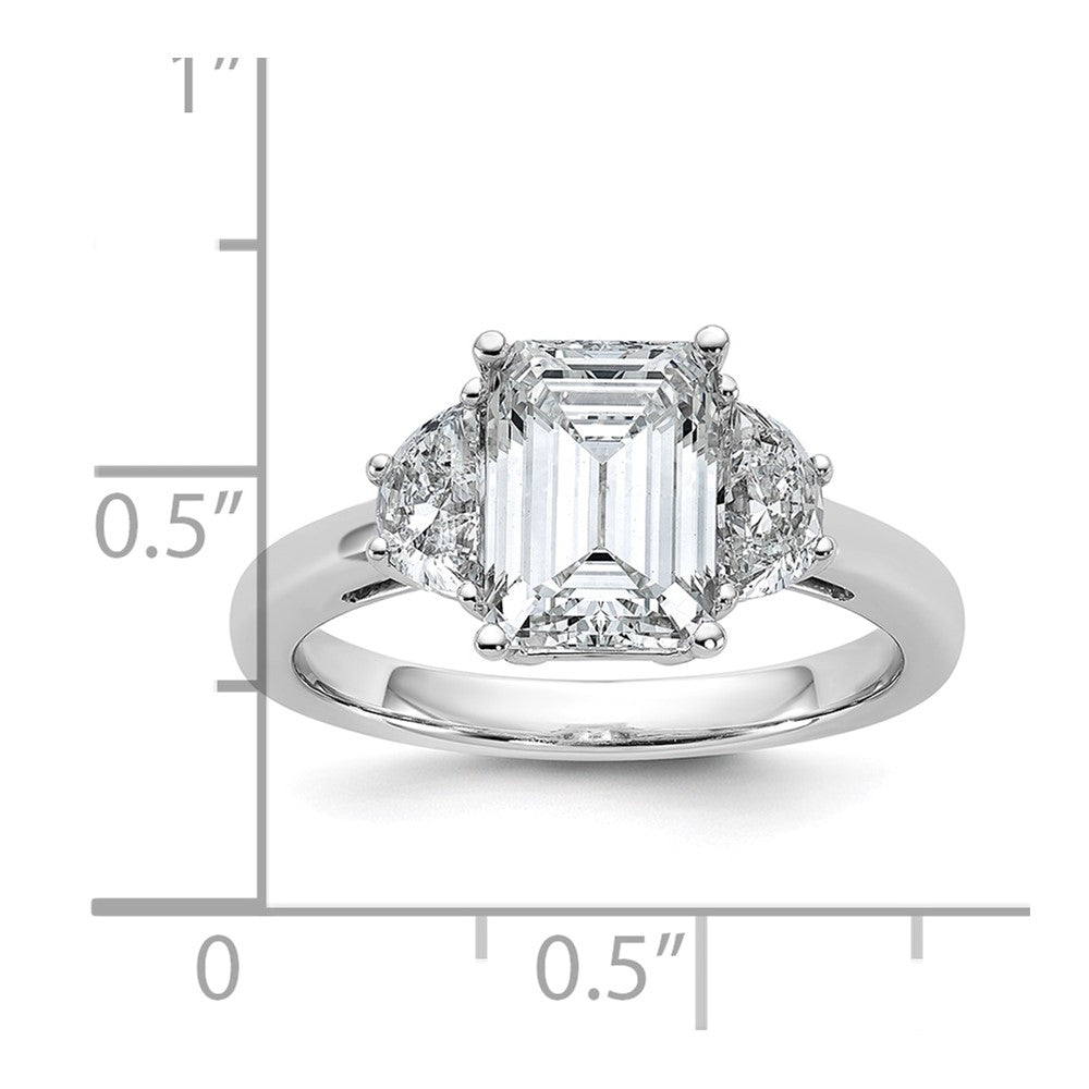 14K White Gold 2 1/2 carat Certified Lab Grown Diamond VS+ F+ Complete Emerald and Half Moon Three Stone Engagement Ring