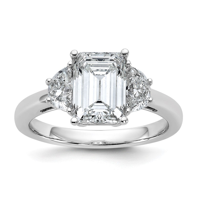 14K White Gold 2 1/2 carat Certified Lab Grown Diamond VS/SI+ G+ Complete Emerald and Half Moon Three Stone Engagement Ring