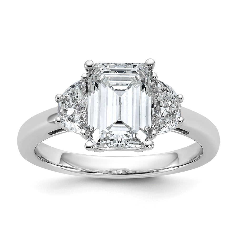 14K White Gold 1/2 carat Lab Grown Diamond VS/SI+ G+ Semi Mount Emerald and Half Moon Three Stone Engagement Ring