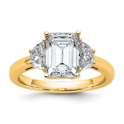 14K Yellow Gold 1/2 carat Lab Grown Diamond VS+ F+ Semi Mount Emerald and Half Moon Three Stone Engagement Ring