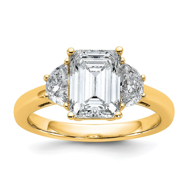 14K Yellow Gold 2 1/2 carat Certified Lab Grown Diamond VS+ F+ Complete Emerald and Half Moon Three Stone Engagement Ring