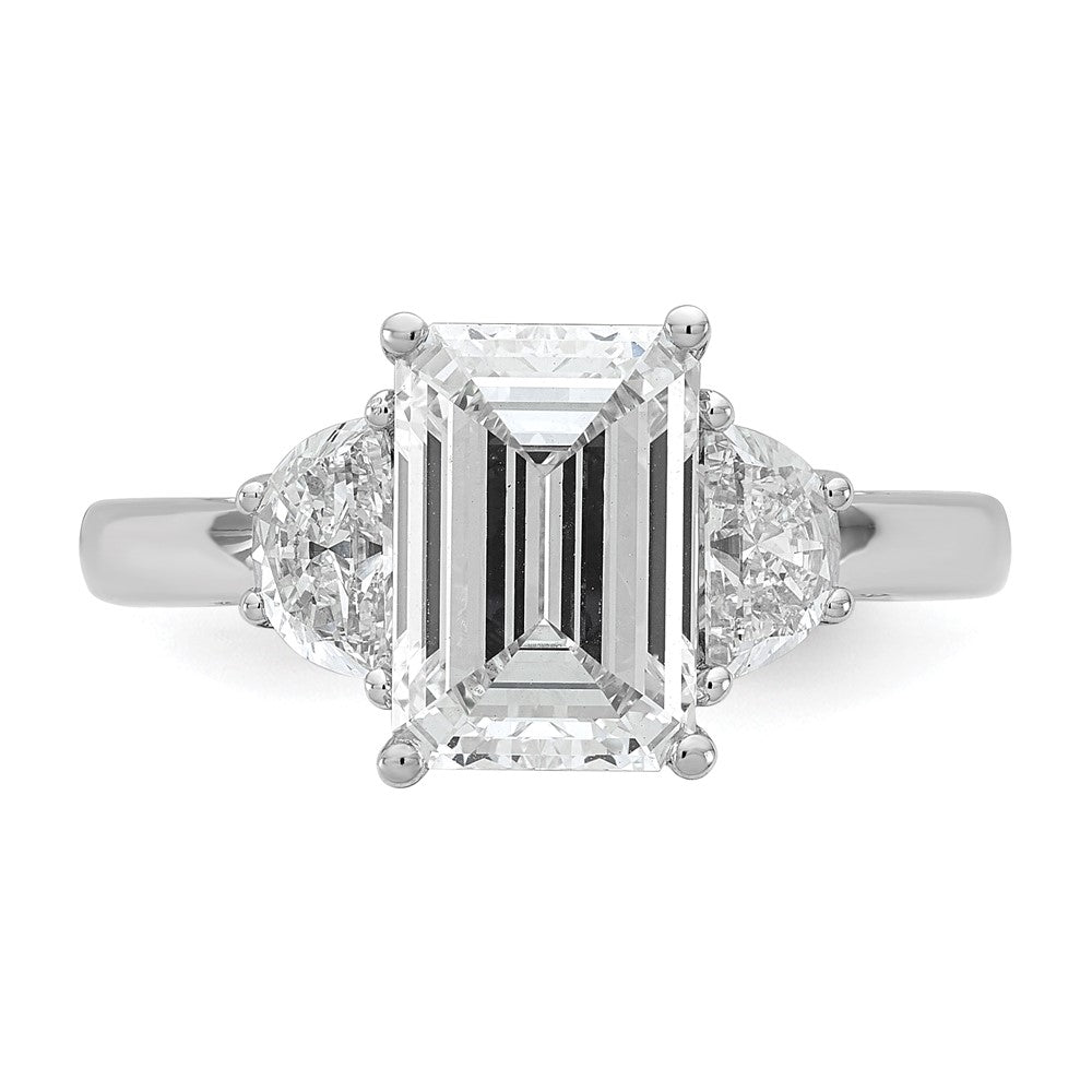 14K White Gold 5/8 carat Lab Grown Diamond VS+ F+ Semi Mount Emerald and Half Moon Three Stone Engagement Ring