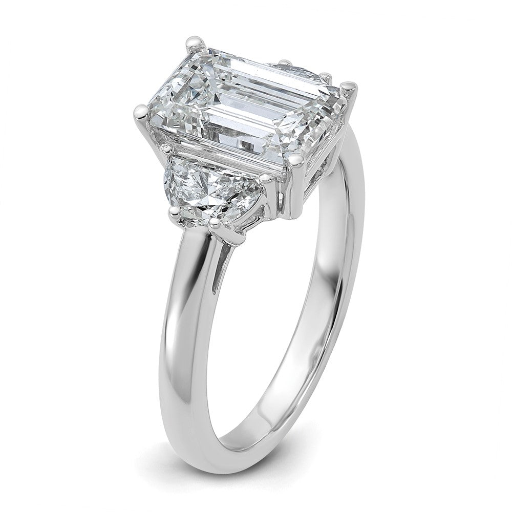 14K White Gold 5/8 carat Lab Grown Diamond VS/SI+ G+ Semi Mount Emerald and Half Moon Three Stone Engagement Ring