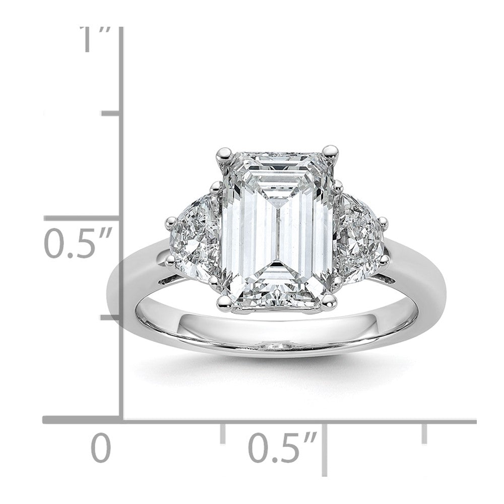 14K White Gold 5/8 carat Lab Grown Diamond VS/SI+ G+ Semi Mount Emerald and Half Moon Three Stone Engagement Ring