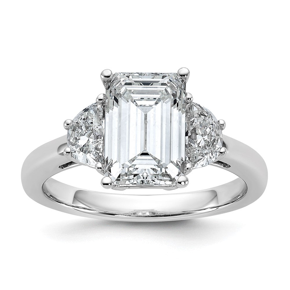 14K White Gold 5/8 carat Lab Grown Diamond VS/SI+ G+ Semi Mount Emerald and Half Moon Three Stone Engagement Ring
