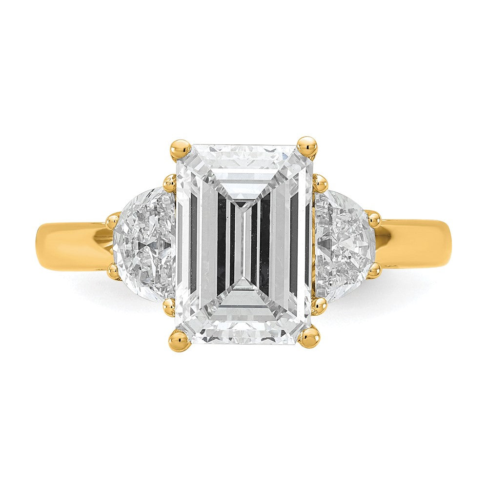 14K Yellow Gold 5/8 carat Lab Grown Diamond VS/SI+ G+ Semi Mount Emerald and Half Moon Three Stone Engagement Ring