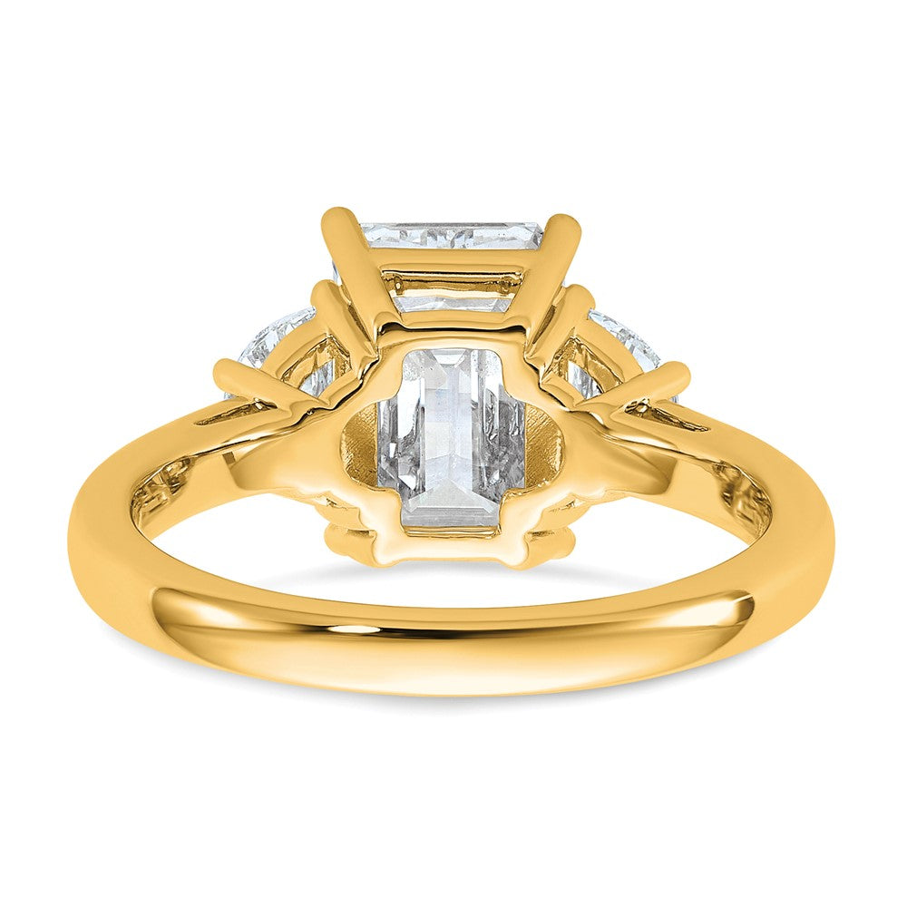 14K Yellow Gold 5/8 carat Lab Grown Diamond VS+ F+ Semi Mount Emerald and Half Moon Three Stone Engagement Ring