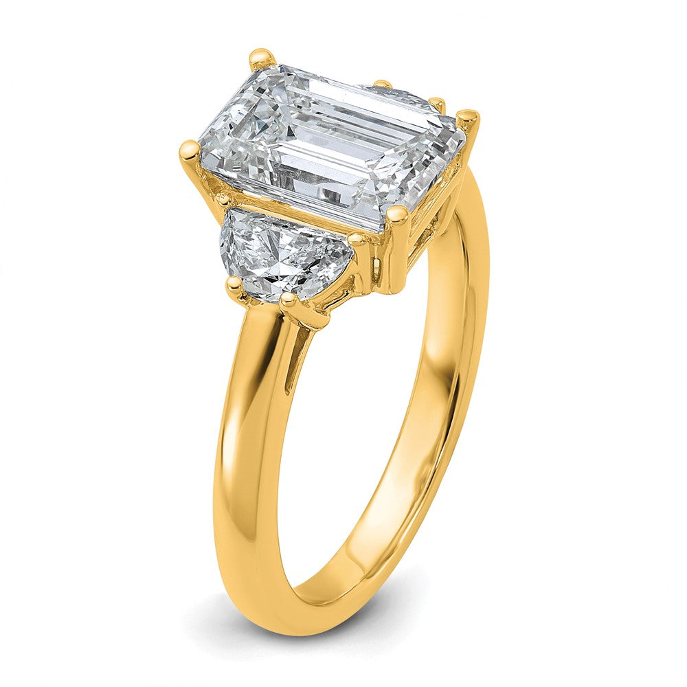 14K Yellow Gold 5/8 carat Lab Grown Diamond VS+ F+ Semi Mount Emerald and Half Moon Three Stone Engagement Ring