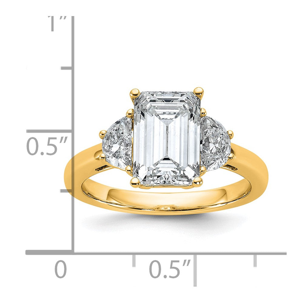 14K Yellow Gold 5/8 carat Lab Grown Diamond VS+ F+ Semi Mount Emerald and Half Moon Three Stone Engagement Ring