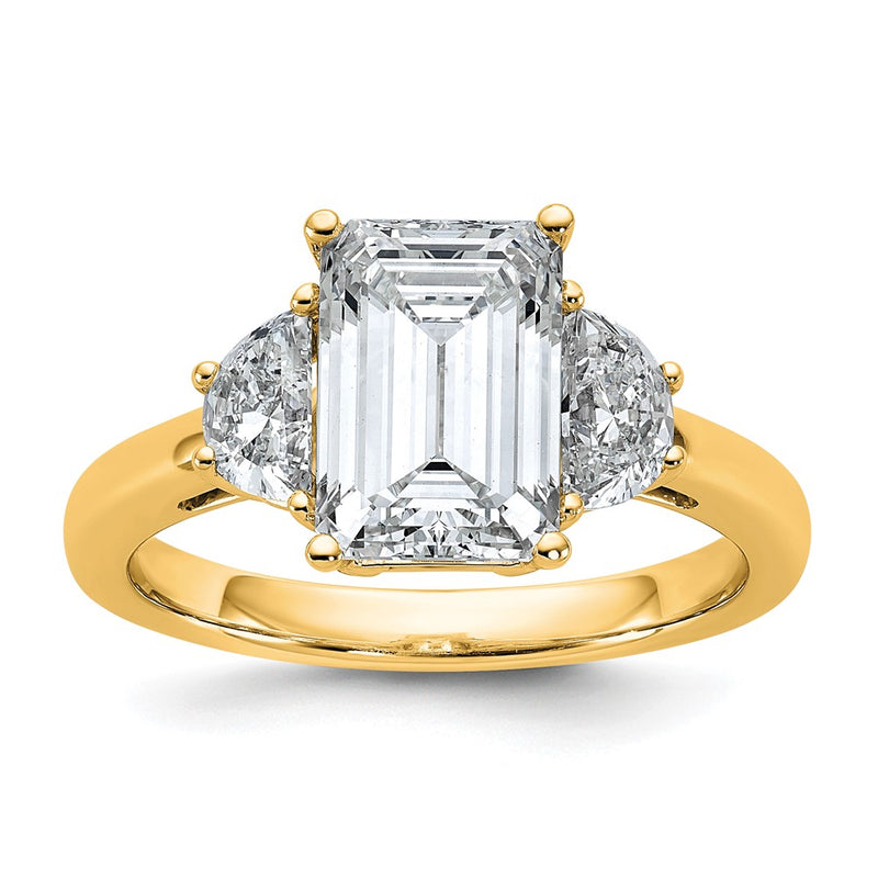 14K Yellow Gold 5/8 carat Lab Grown Diamond VS+ F+ Semi Mount Emerald and Half Moon Three Stone Engagement Ring