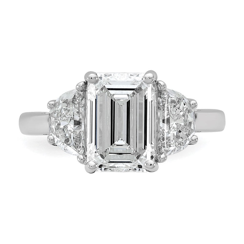 14K White Gold 4 carat Certified Lab Grown Diamond VS+ F+ Complete Emerald and Half Moon Three Stone Engagement Ring