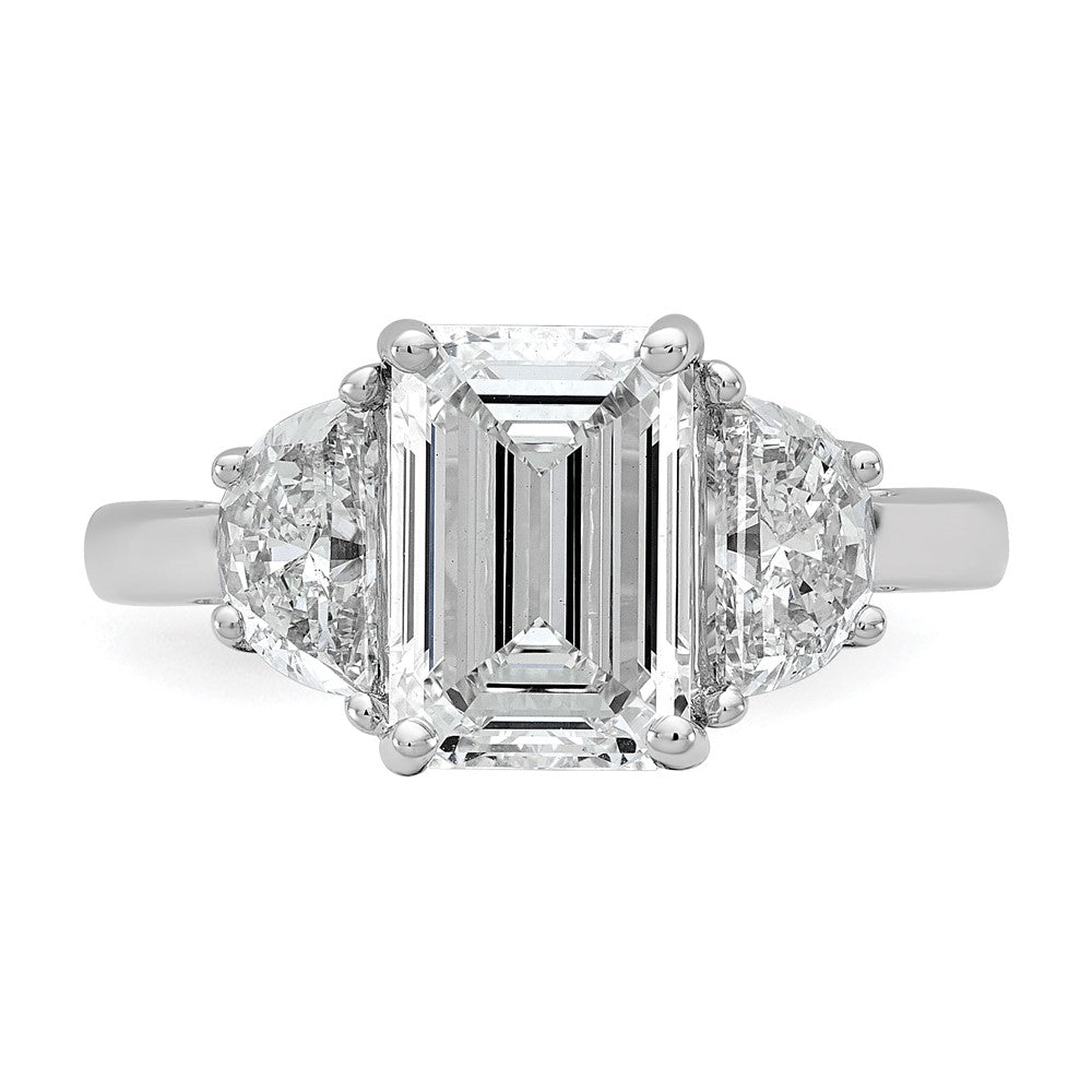 14K White Gold 1 carat Lab Grown Diamond VS+ F+ Semi Mount Emerald and Half Moon Three Stone Engagement Ring