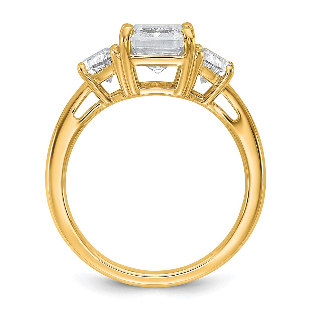 14K Yellow Gold 1 carat Lab Grown Diamond VS+ F+ Semi Mount Emerald and Half Moon Three Stone Engagement Ring