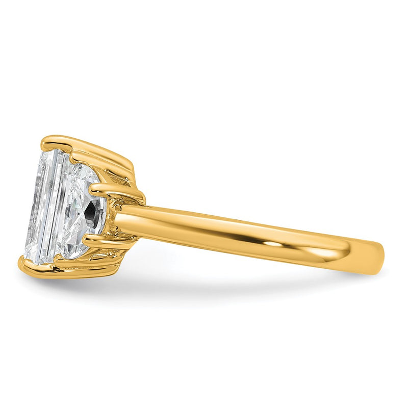 14K Yellow Gold 1 carat Lab Grown Diamond VS/SI+ G+ Semi Mount Emerald and Half Moon Three Stone Engagement Ring