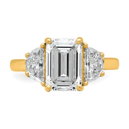 14K Yellow Gold 1 carat Lab Grown Diamond VS+ F+ Semi Mount Emerald and Half Moon Three Stone Engagement Ring