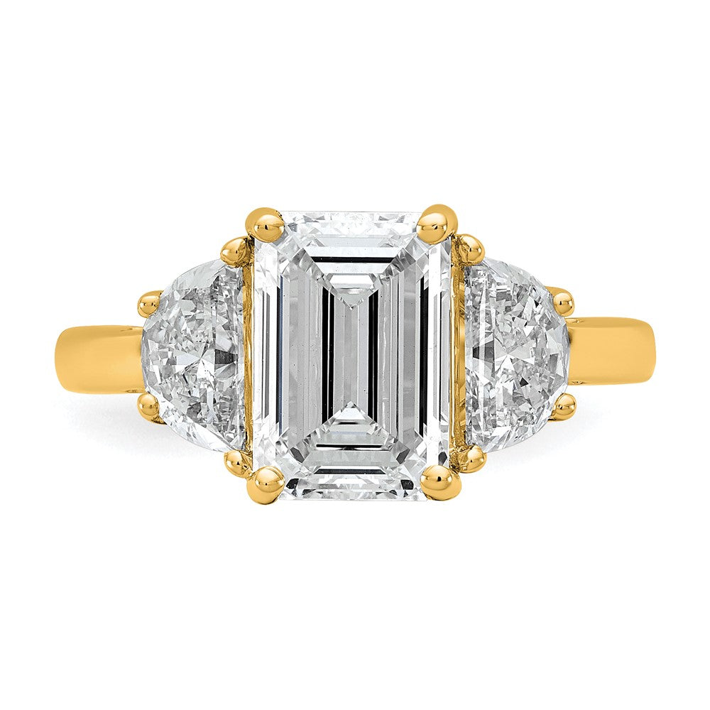 14K Yellow Gold 1 carat Lab Grown Diamond VS/SI+ G+ Semi Mount Emerald and Half Moon Three Stone Engagement Ring