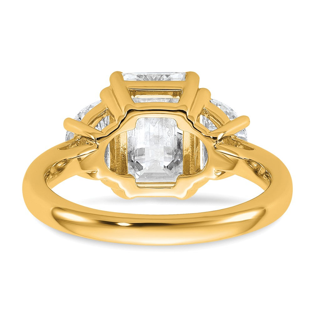 14K Yellow Gold 1 carat Lab Grown Diamond VS/SI+ G+ Semi Mount Emerald and Half Moon Three Stone Engagement Ring