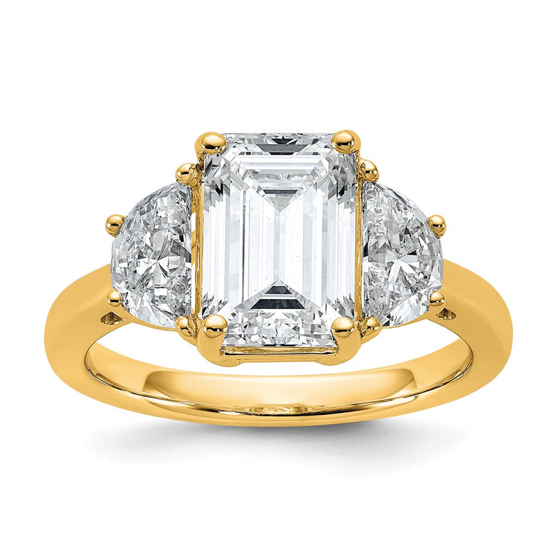 14K Yellow Gold 4 carat Certified Lab Grown Diamond VS+ F+ Complete Emerald and Half Moon Three Stone Engagement Ring