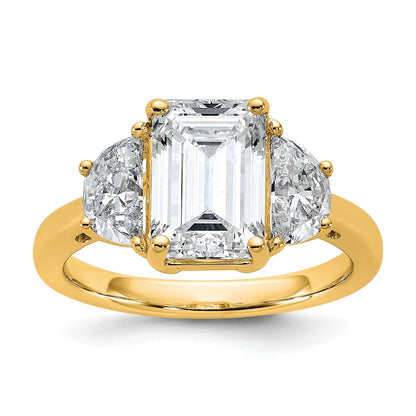 14K Yellow Gold 1 carat Lab Grown Diamond VS+ F+ Semi Mount Emerald and Half Moon Three Stone Engagement Ring