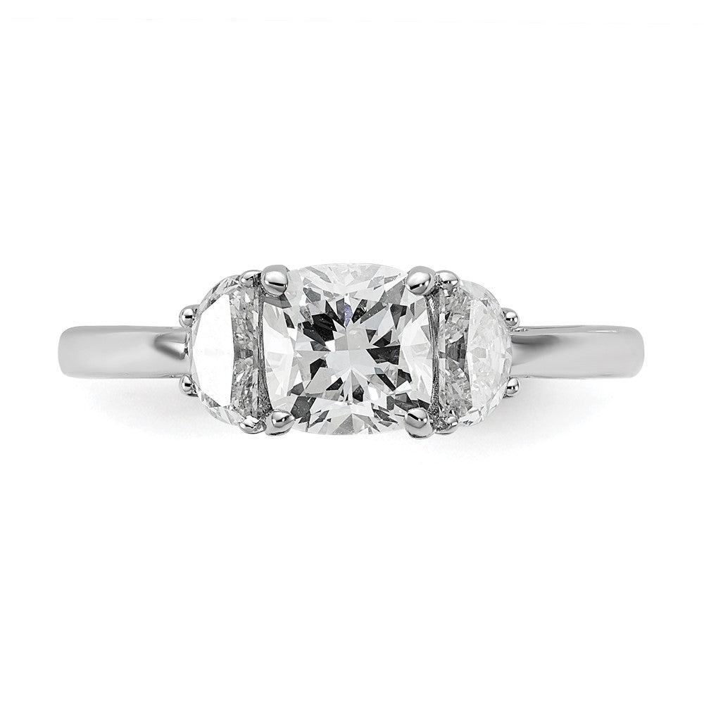 14K White Gold 3/8 carat Lab Grown Diamond VS/SI+ G+ Half Moon and 1 carat Cushion Center Semi Mount Three Stone Engagement Ring
