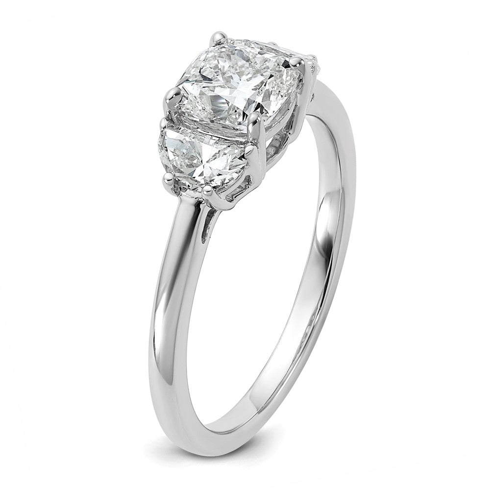 14K White Gold 3/8 carat Lab Grown Diamond VS+ F+ Half Moon and 1 carat Cushion Center Semi Mount Three Stone Engagement Ring
