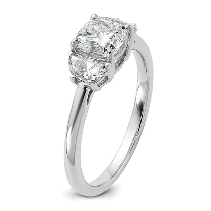 14K White Gold 1 3/8 carat Certified Lab Grown Diamond VS+ F+ Complete Cushion and Half Moon Three Stone Engagement Ring