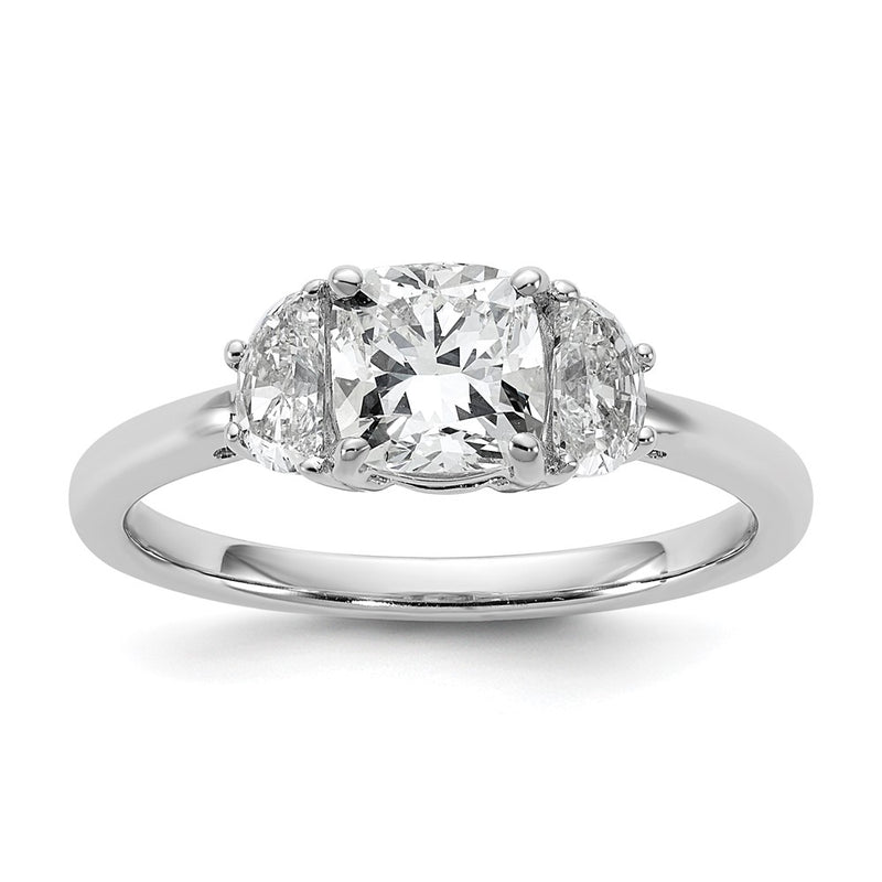 14K White Gold 3/8 carat Lab Grown Diamond VS/SI+ G+ Half Moon and 1 carat Cushion Center Semi Mount Three Stone Engagement Ring