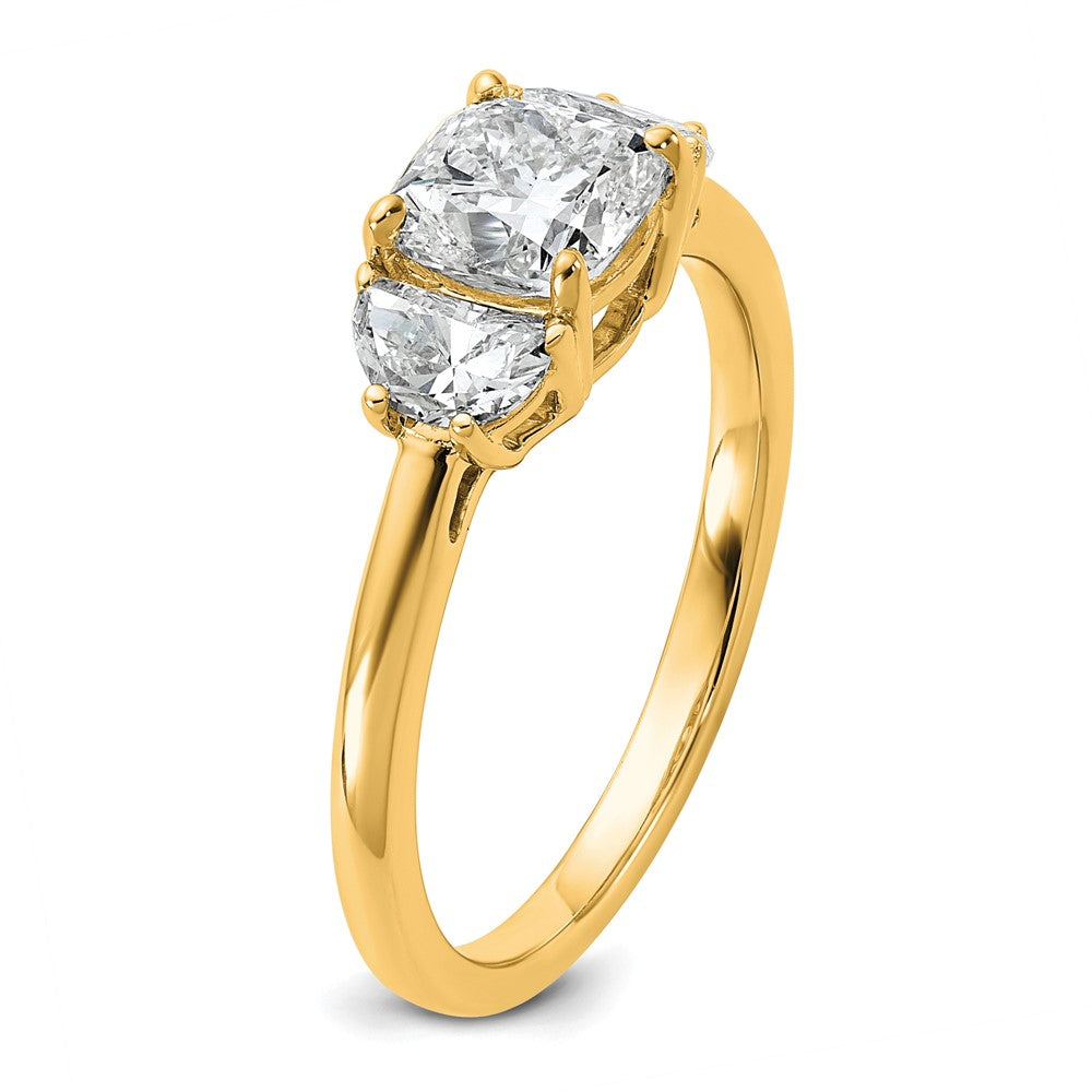 14K Yellow Gold 1 3/8 carat Certified Lab Grown Diamond VS/SI+ G+ Complete Cushion and Half Moon Three Stone Engagement Ring