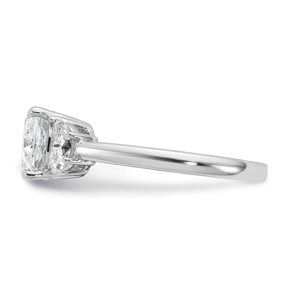 14K White Gold 2 1/2 carat Certified Lab Grown Diamond VS+ F+ Complete Cushion and Half Moon Three Stone Engagement Ring