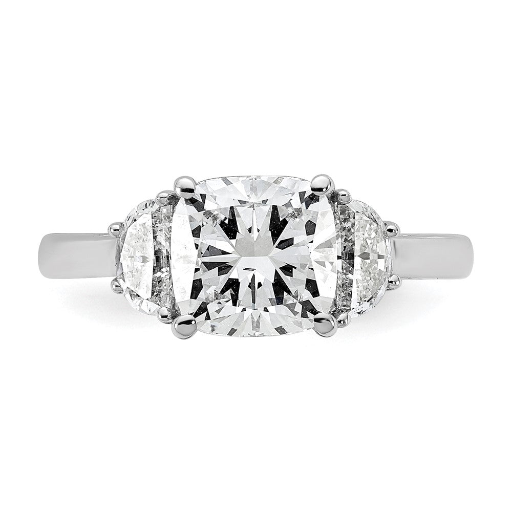 14K White Gold 2 1/2 carat Certified Lab Grown Diamond VS/SI+ G+ Complete Cushion and Half Moon Three Stone Engagement Ring