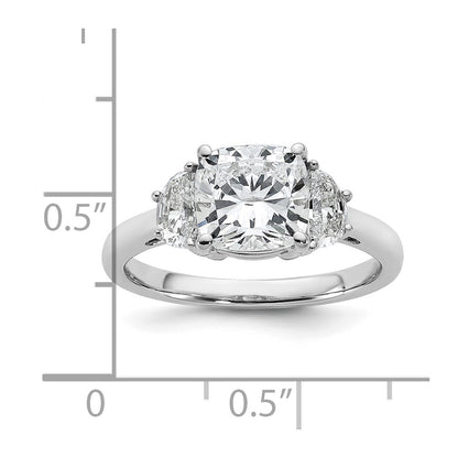 14K White Gold 1/2 carat Lab Grown Diamond VS+ F+ Half Moon and 2 carat Cushion Center Semi Mount Three Stone Engagement Ring