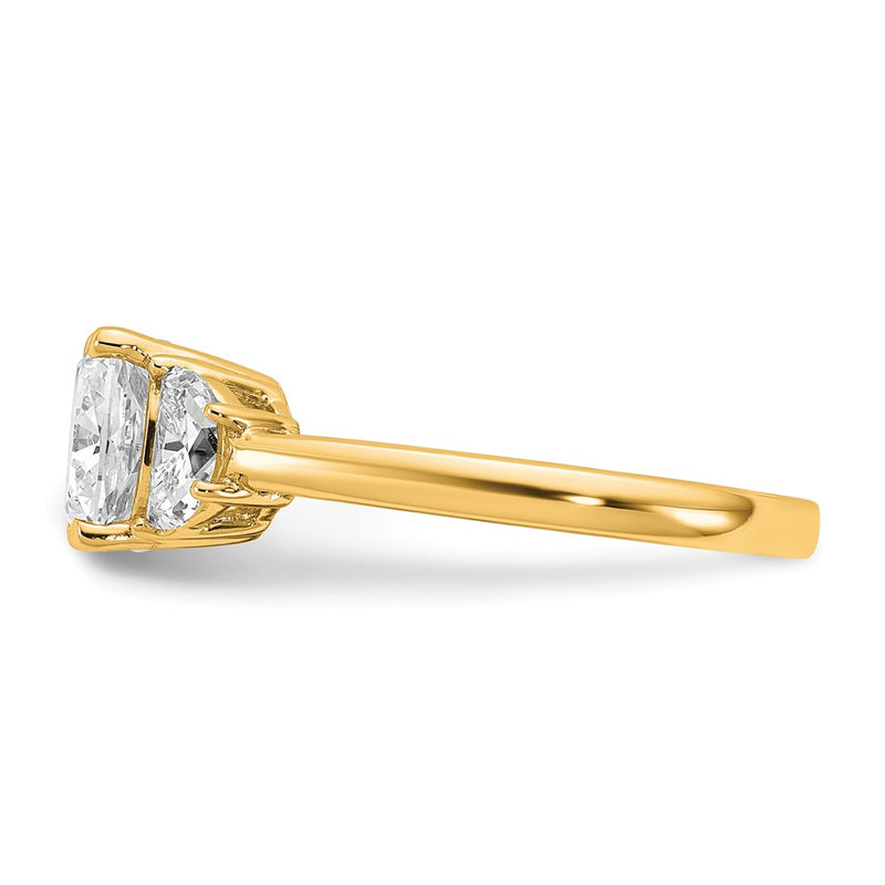 14K Yellow Gold 1/2 carat Lab Grown Diamond VS+ F+ Half Moon and 2 carat Cushion Center Semi Mount Three Stone Engagement Ring