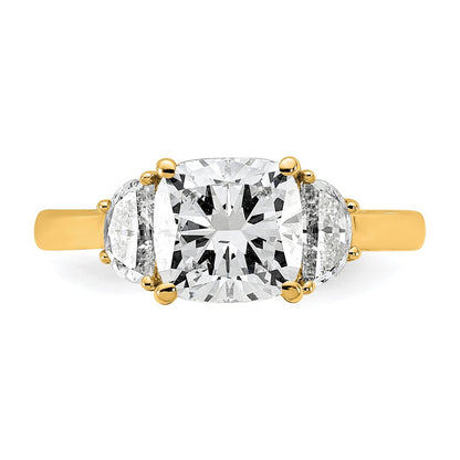 14K Yellow Gold 2 1/2 carat Certified Lab Grown Diamond VS+ F+ Complete Cushion and Half Moon Three Stone Engagement Ring