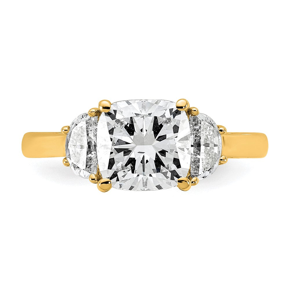 14K Yellow Gold 1/2 carat Lab Grown Diamond VS+ F+ Half Moon and 2 carat Cushion Center Semi Mount Three Stone Engagement Ring