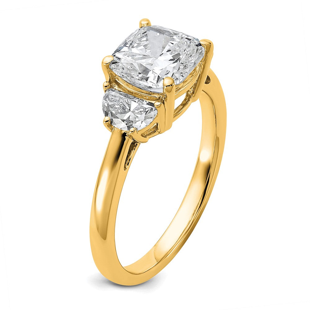 14K Yellow Gold 2 1/2 carat Certified Lab Grown Diamond VS+ F+ Complete Cushion and Half Moon Three Stone Engagement Ring