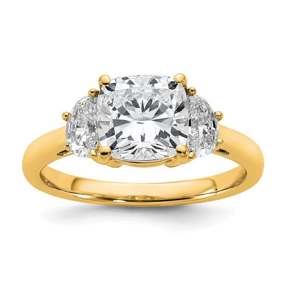 14K Yellow Gold 1/2 carat Lab Grown Diamond VS+ F+ Half Moon and 2 carat Cushion Center Semi Mount Three Stone Engagement Ring
