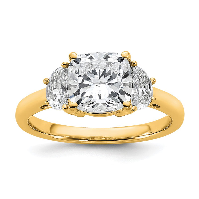 14K Yellow Gold 1/2 carat Lab Grown Diamond VS+ F+ Half Moon and 2 carat Cushion Center Semi Mount Three Stone Engagement Ring