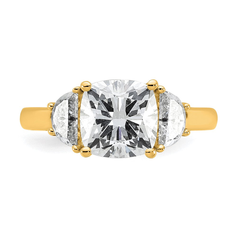 14K Yellow Gold 5/8 carat Lab Grown Diamond VS+ F+ Half Moon and 2 1/2 carat Cushion Center Semi Mount Three Stone Engagement Ring