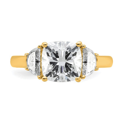 14K Yellow Gold 5/8 carat Lab Grown Diamond VS+ F+ Half Moon and 2 1/2 carat Cushion Center Semi Mount Three Stone Engagement Ring