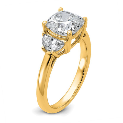 14K Yellow Gold 5/8 carat Lab Grown Diamond VS/SI+ G+ Half Moon and 2 1/2 carat Cushion Center Semi Mount Three Stone Engagement Ring