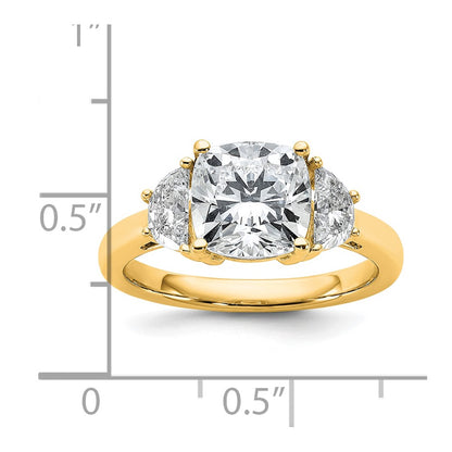 14K Yellow Gold 5/8 carat Lab Grown Diamond VS/SI+ G+ Half Moon and 2 1/2 carat Cushion Center Semi Mount Three Stone Engagement Ring