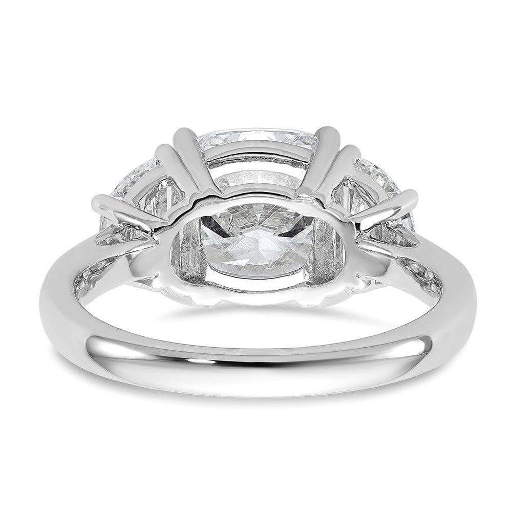 14K White Gold 1 carat Lab Grown Diamond VS+ F+ Half Moon and 3 carat Cushion Center Semi Mount Three Stone Engagement Ring