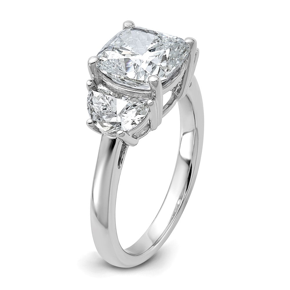 14K White Gold 1 carat Lab Grown Diamond VS+ F+ Half Moon and 3 carat Cushion Center Semi Mount Three Stone Engagement Ring