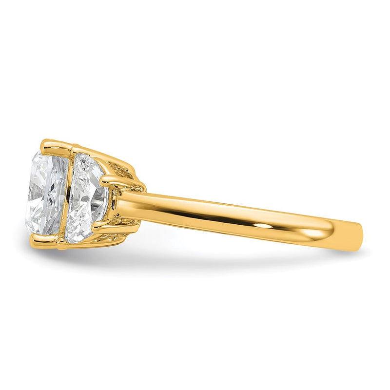 14K Yellow Gold 1 carat Lab Grown Diamond VS+ F+ Half Moon and 3 carat Cushion Center Semi Mount Three Stone Engagement Ring