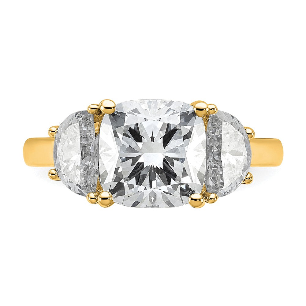 14K Yellow Gold 1 carat Lab Grown Diamond VS+ F+ Half Moon and 3 carat Cushion Center Semi Mount Three Stone Engagement Ring