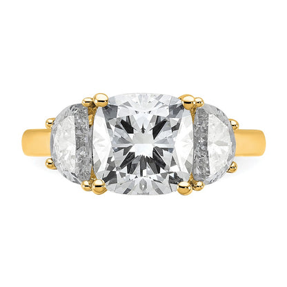 14K Yellow Gold 1 carat Lab Grown Diamond VS+ F+ Half Moon and 3 carat Cushion Center Semi Mount Three Stone Engagement Ring
